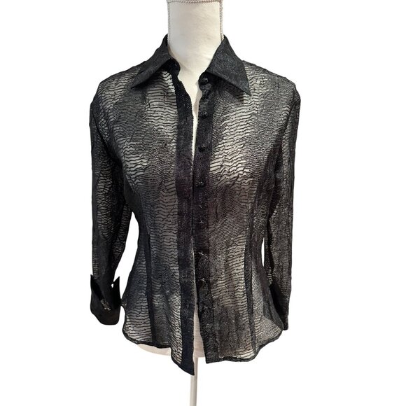VINTAGE Black Sheer Button Down Top Size Small - Picture 1 of 5